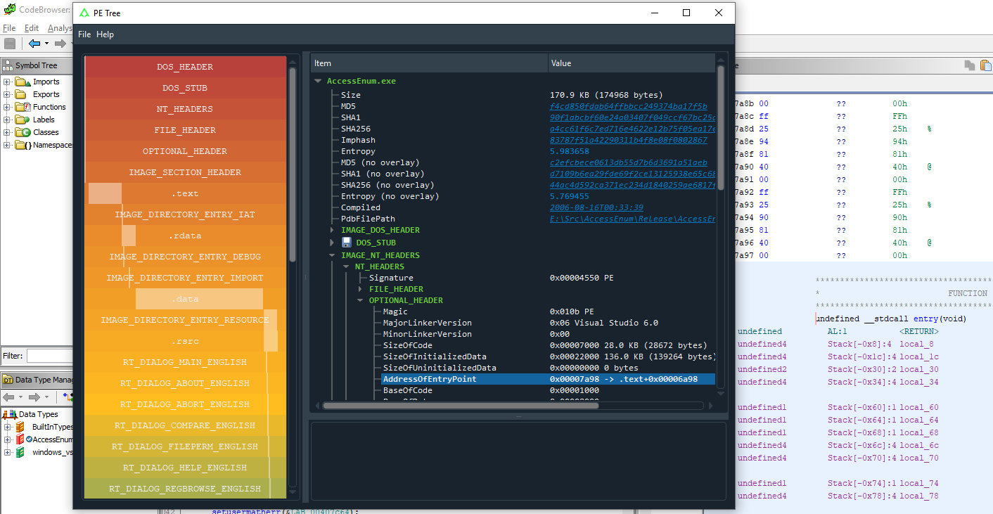 PE Tree Ghidra plugin