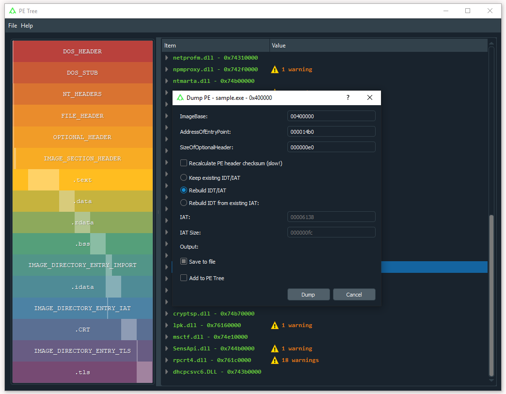 PE Tree Minidump plugin