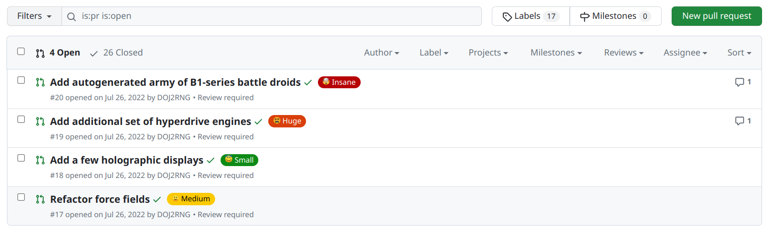 An image showing a list of GitHub Pull Request with automatically generated labels.