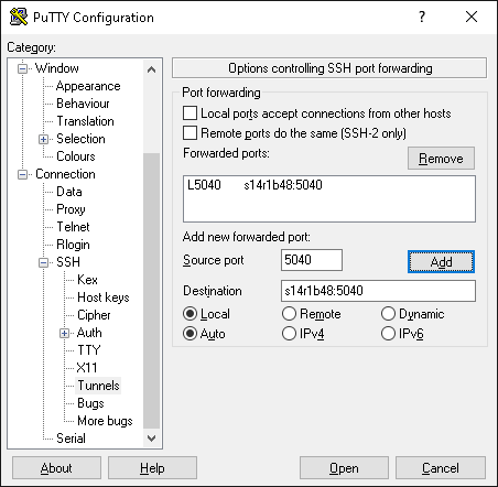 PuTTY configuration screenshot