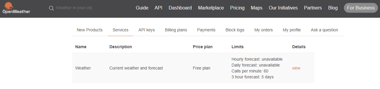 Screenshot example of OpenWeatherMap services page