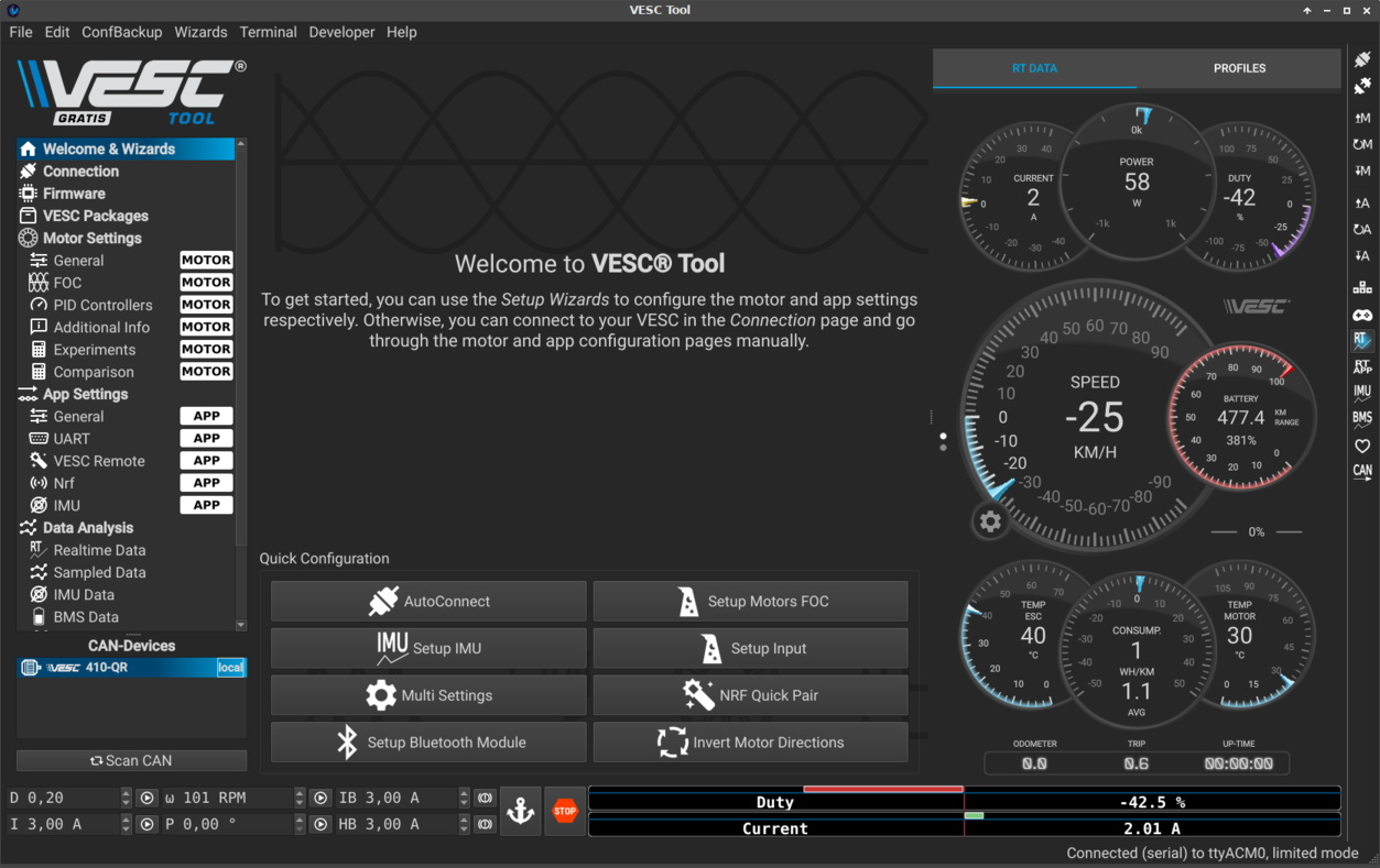 Qiroll connected to VESC Tool