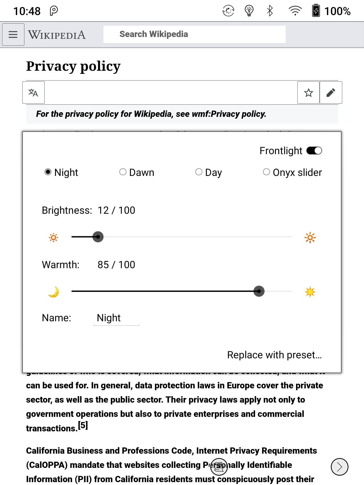 Brightness / Warmth sliders in a dialog that shows over the current open app, so you can tune for desired readability