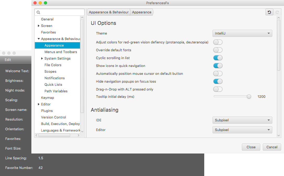 screenshot of created preferences dialog