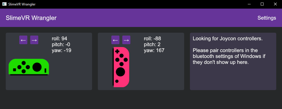 Screenshot of the app running and tracking a single Joy-Con