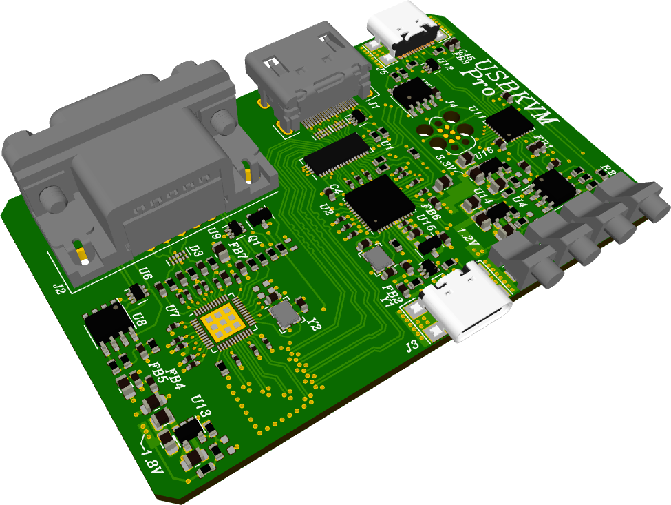 3D rendering of a green PCA with a VGA, HDMI and a USB Type-C connector on the left edge. On the board itself, there are thre QFN ICs as well as a variety of other components. On the right edge, there's another USB Type-C connector and four light pipes. USBKVM Pro is silkscreend in the top corner.