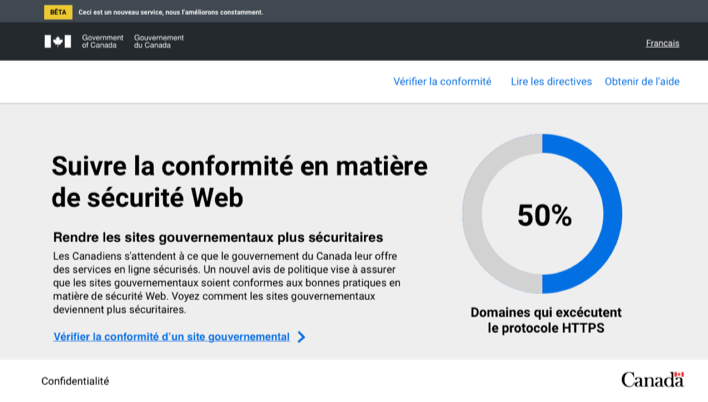 French landing page: header with title, some text, and a chart showing number of domains that enforce HTTPS