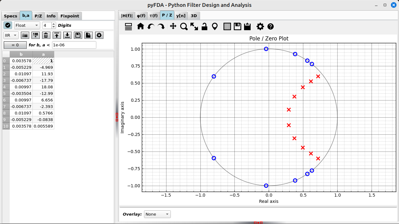 Screenshot pyfda, coefficients and pole-zero-plot