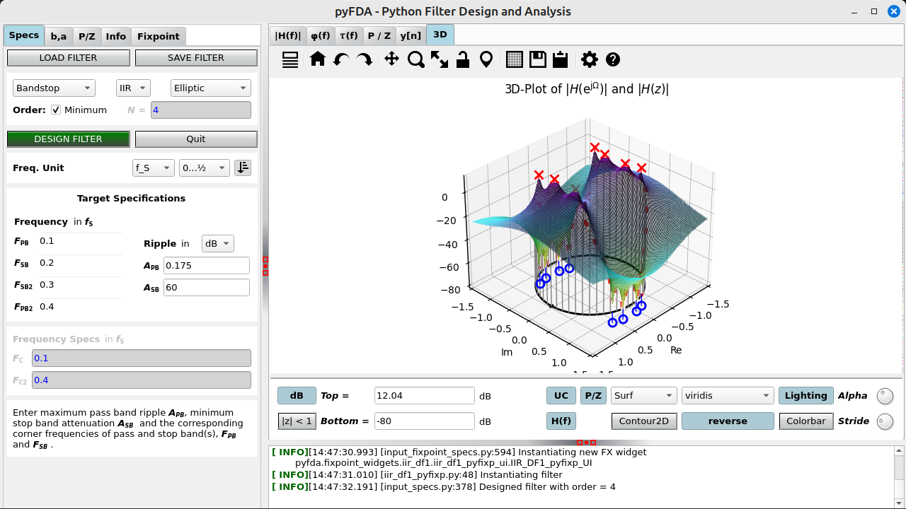 Screenshot pyfda, specifications and 3d surface plot