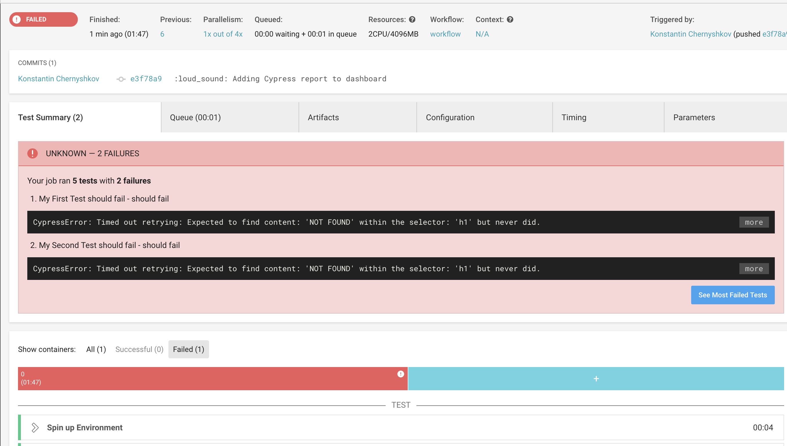 Cypress failed a test with JUnit reports