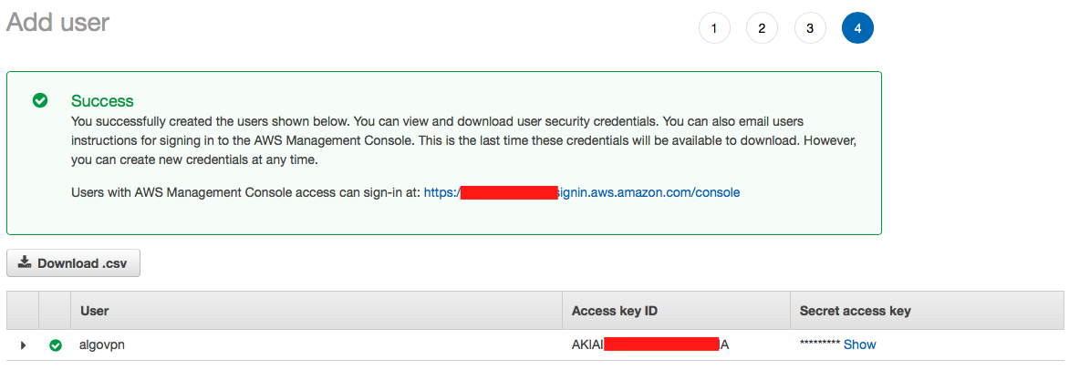 Downloading the credentials for an AWS IAM user.