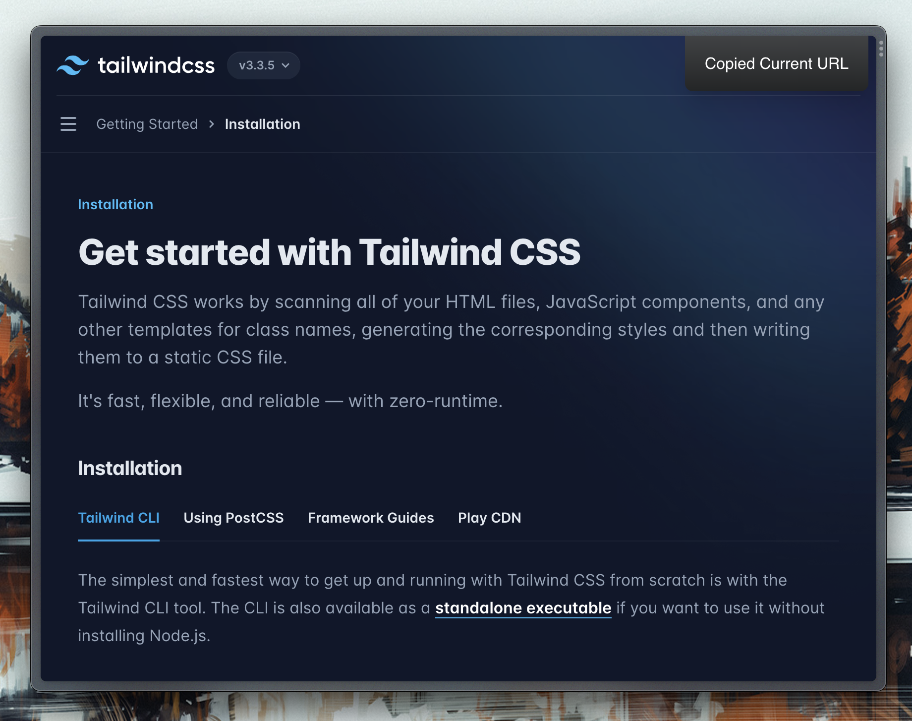 Demo of the screenshot copying the Tailwind CSS docs. In the top right corner is a toast with the text 'Copied Current URL'