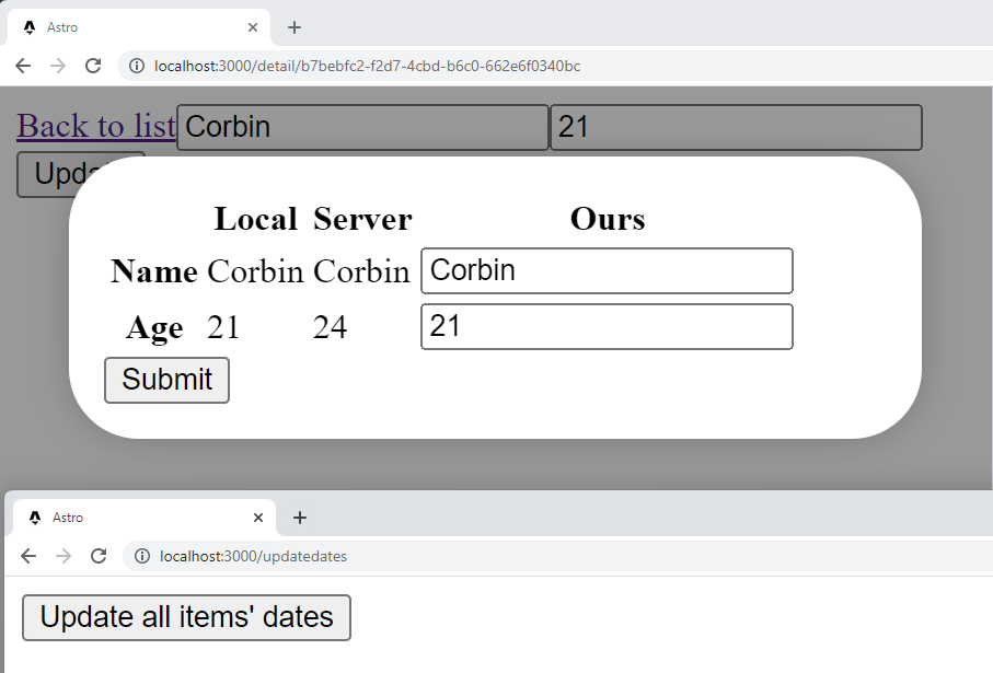 A diff view showing the changes that were made to a person's data