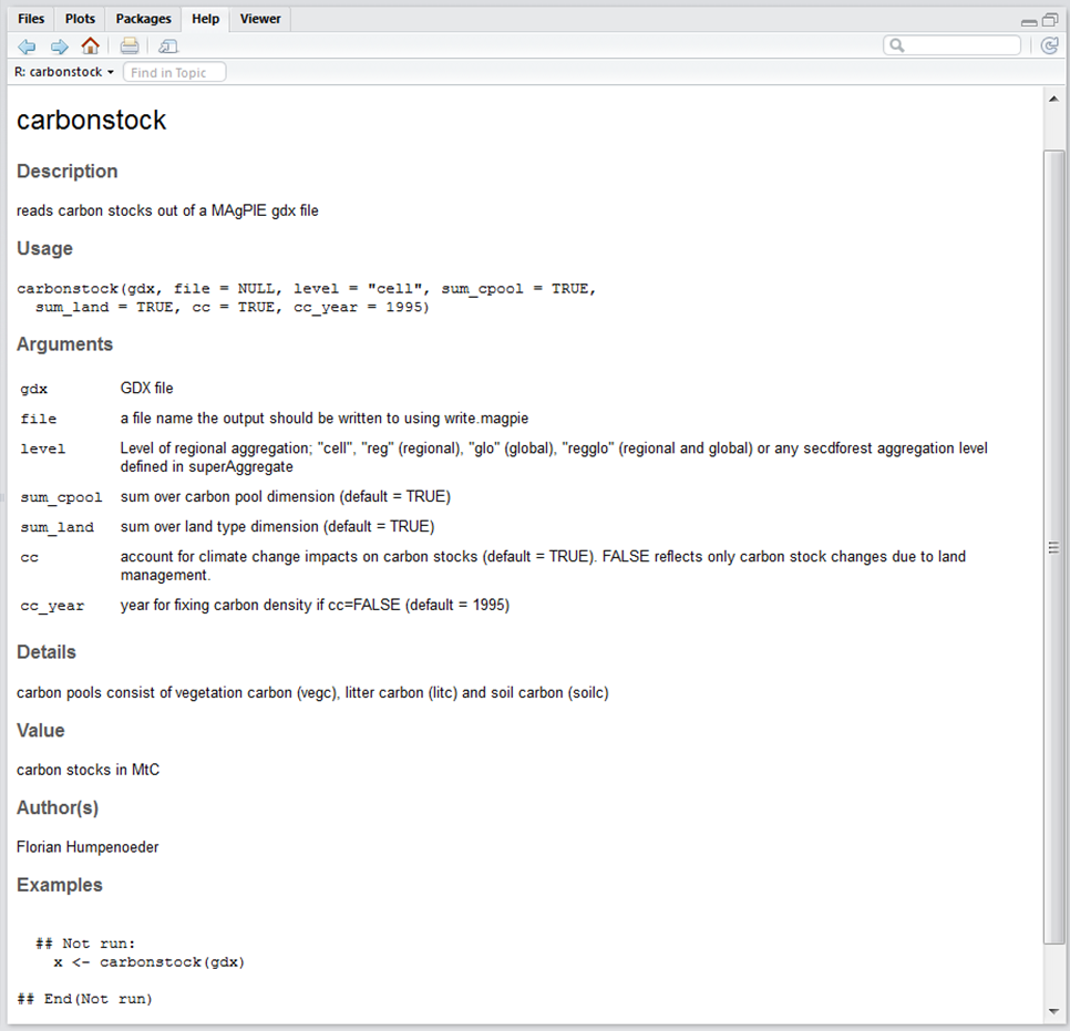 Help page of the carbonstock-function of the magpie4 library