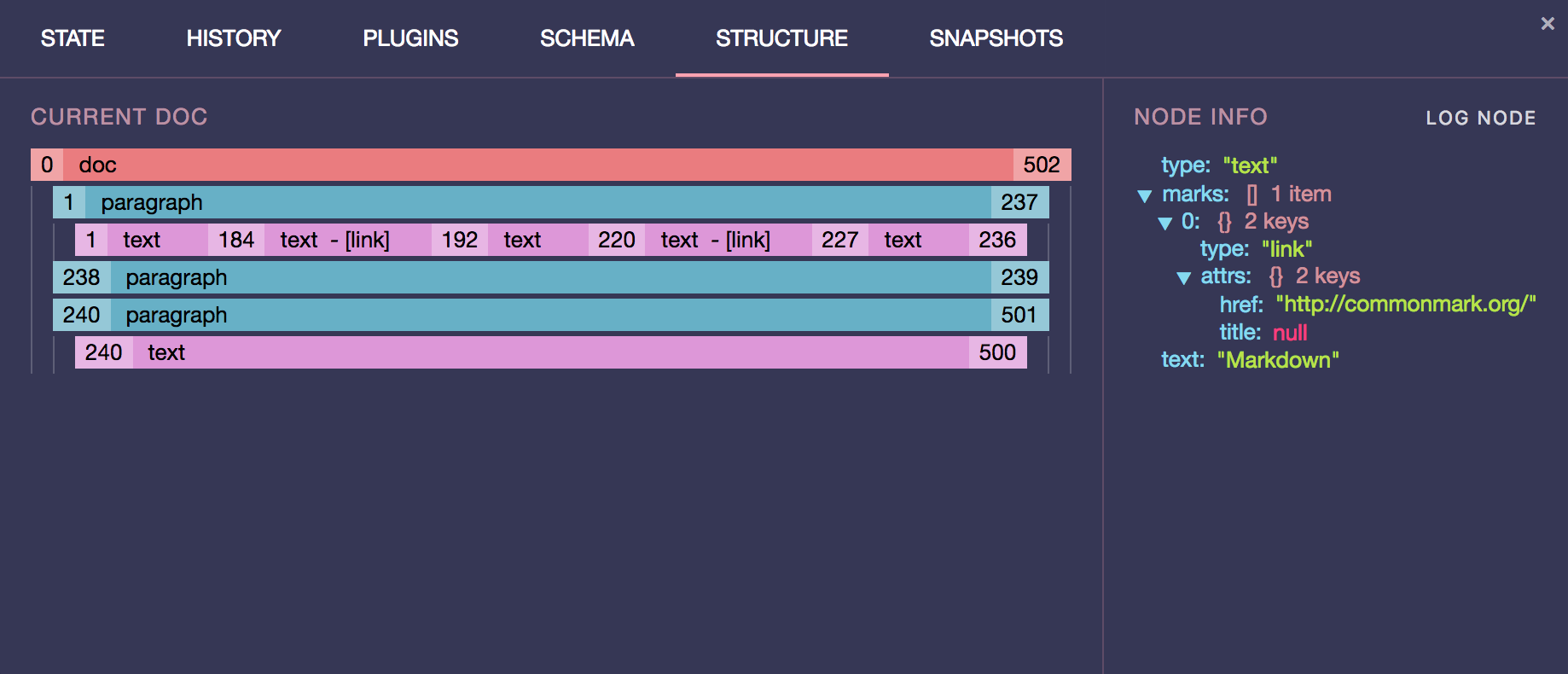 prosemirror-dev-tools structure tab