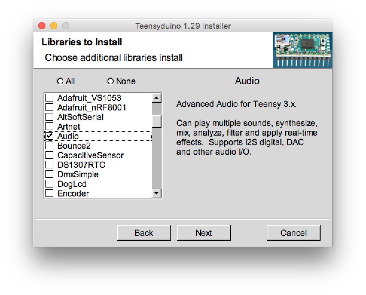 Teensyduino installer with Audio library checked