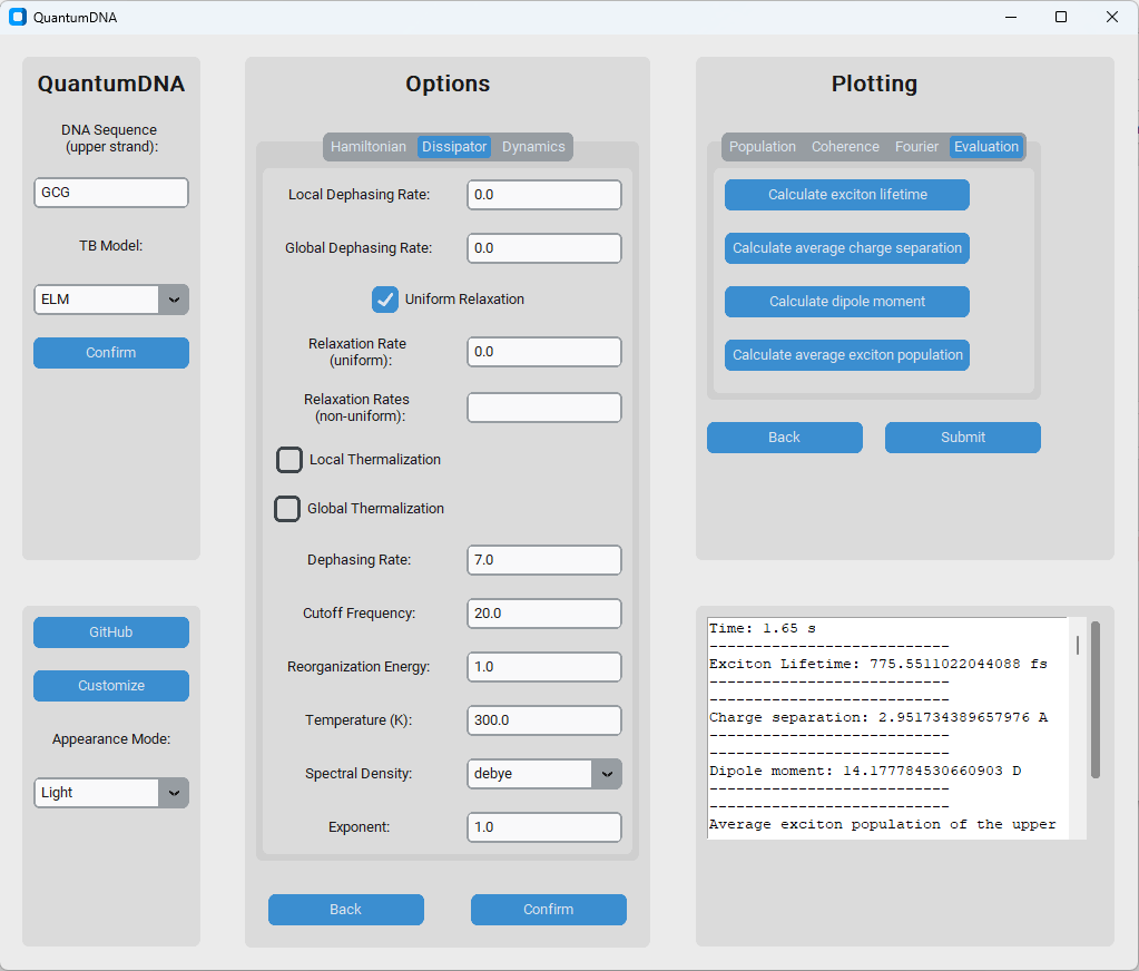 Screenshot of the menu of the user interface with calculations of the exciton lifetime, average charge separation and dipole moment displayed in the frame on the bottom right.