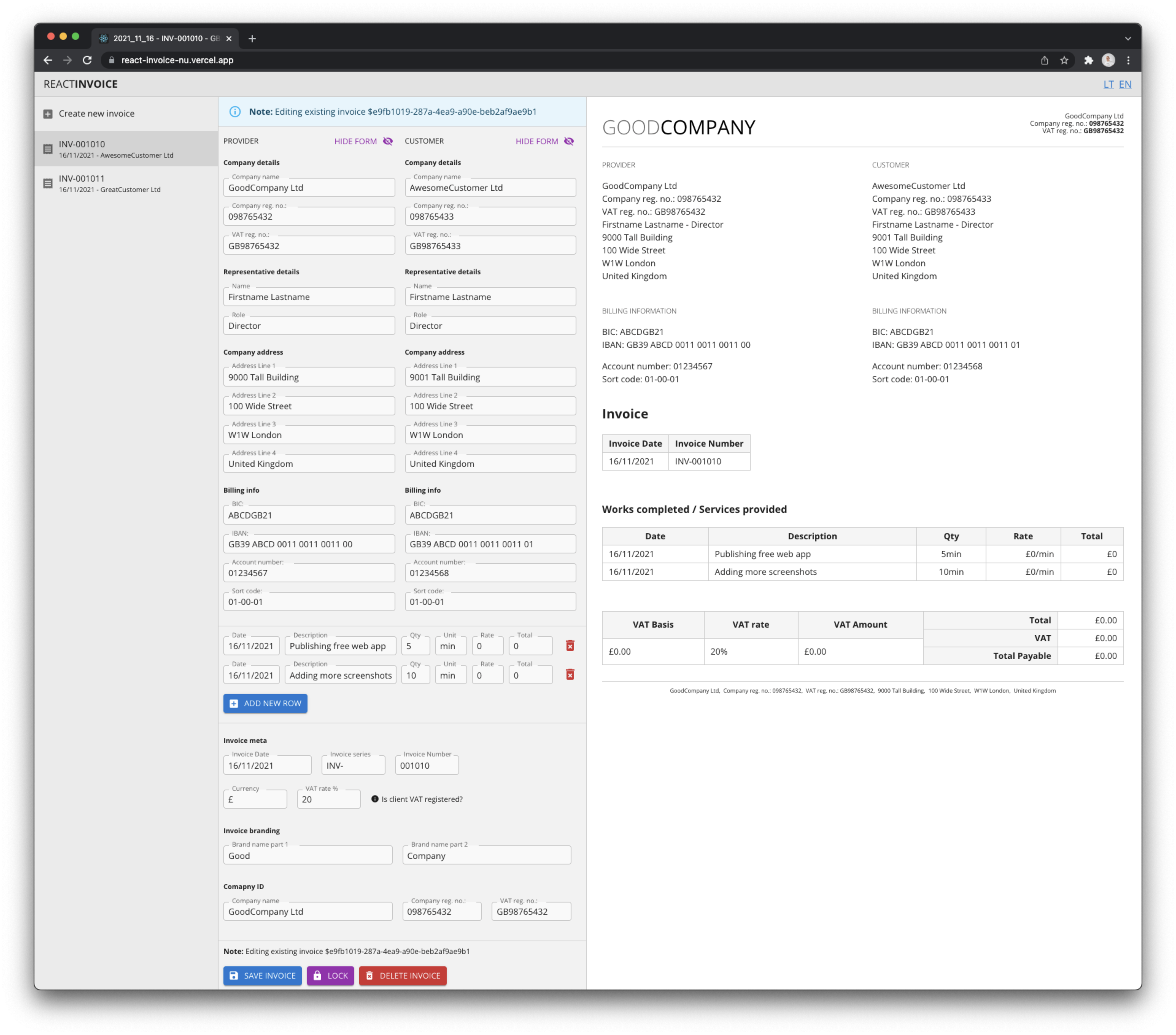 React Invoice Screenshot