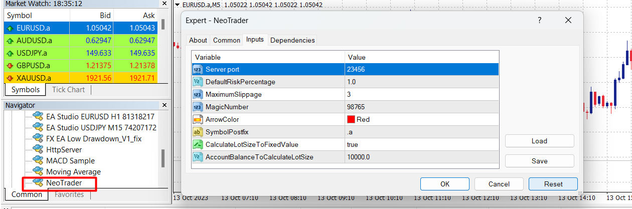 Screenshot of Expert advisor configurations