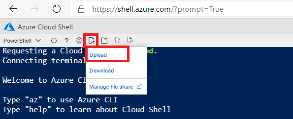 Screenshot for uploading a file to Azure Cloud Shell