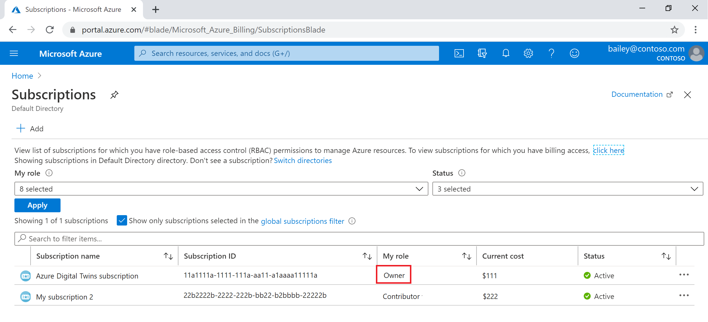 View of the Subscriptions page in the Azure portal, showing user as an owner