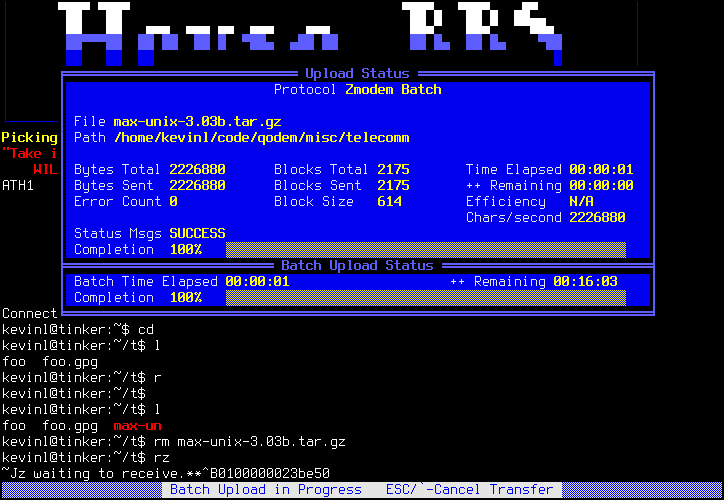 Zmodem upload showing single file and batch progress bars