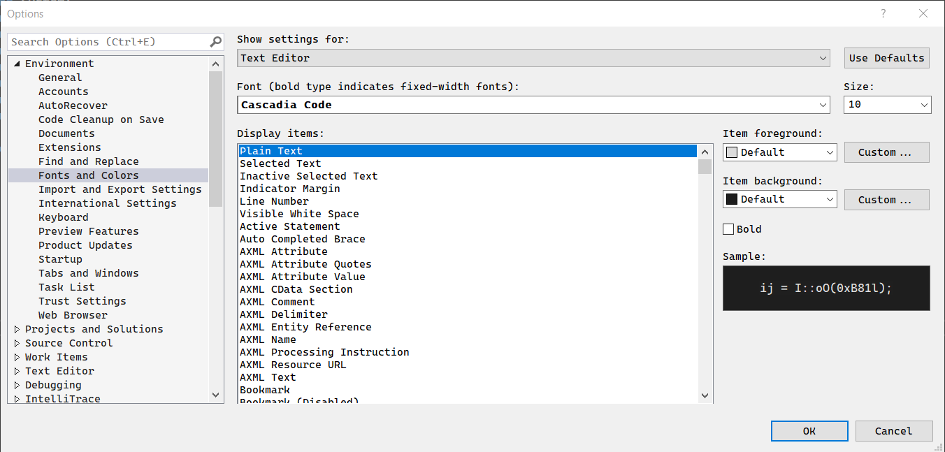 Visual Studio 2019 Settings