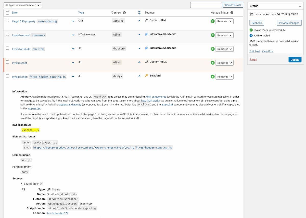 Each validation error provides a stack trace to identify which code is responsible for the invalid markup, whether a theme, plugin, embed, content block, and so on.