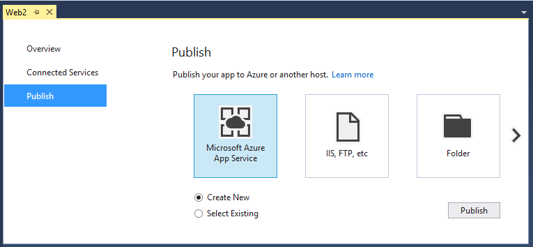 The Publish tab of the application capacities page showing Azure, IIS, FTB, Folder with Azure selected. Also shows create new and Select Exiting radio buttons