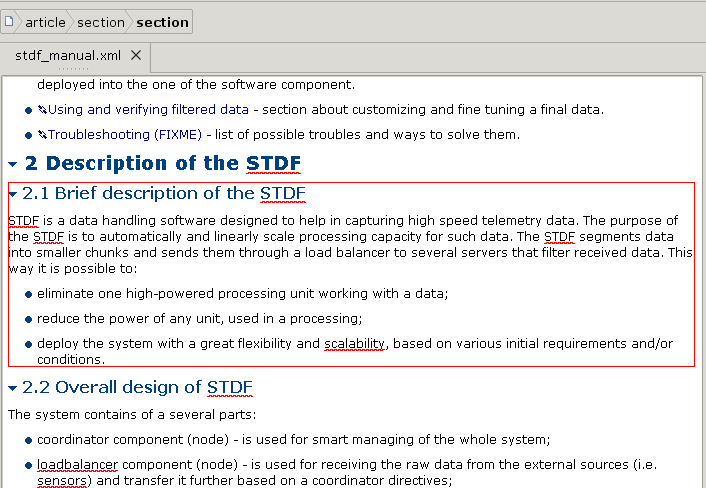 Existing section, selected in XXE