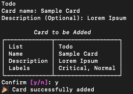 Sample output trellocli create card