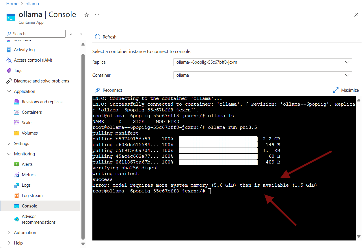 Downloading models in ollama container in Azure require more RAM