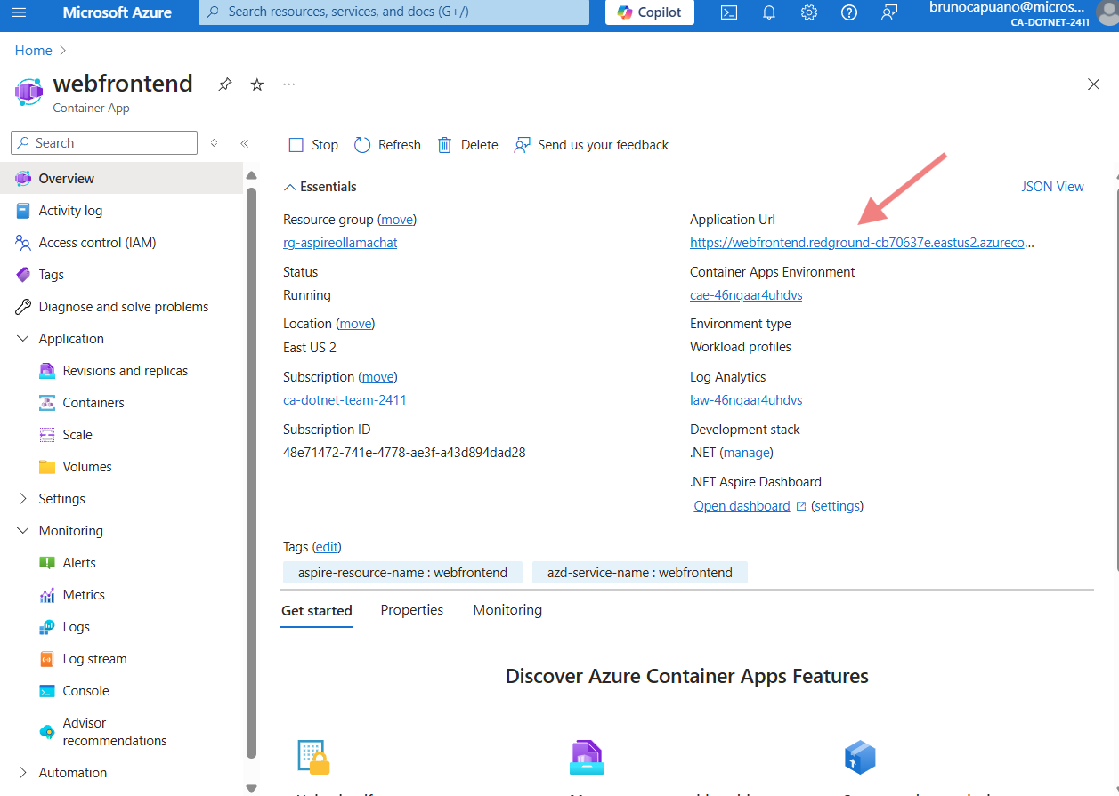 Url to open the chat sample app from the Azure Portal