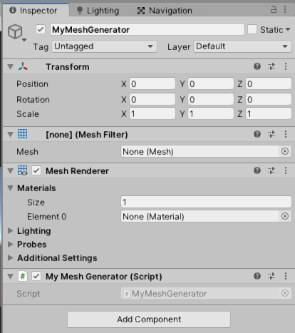 Components include MeshFilter, MeshRenderer, MyMeshGenerator