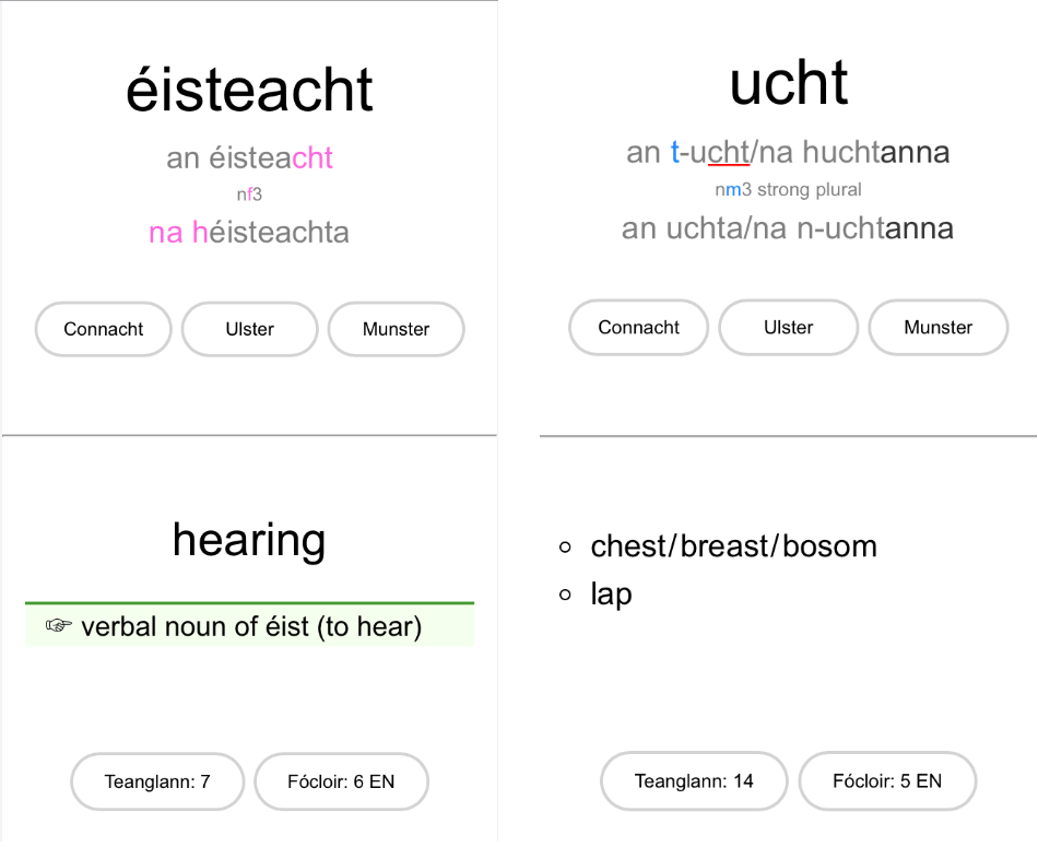 example showing cards with 'cht' endings in both feminine and masculine forms