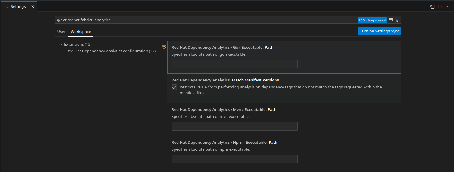 Red Hat Dependency Analytics extension workspace settings