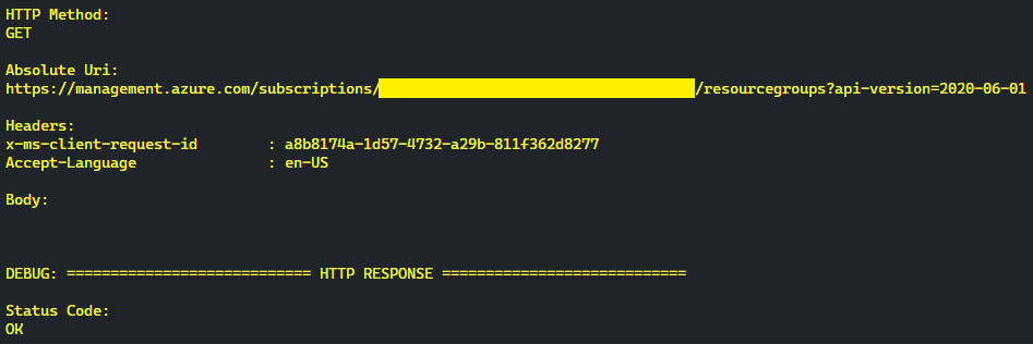 Detailed output of Azure PowerShell when using -Debug flag