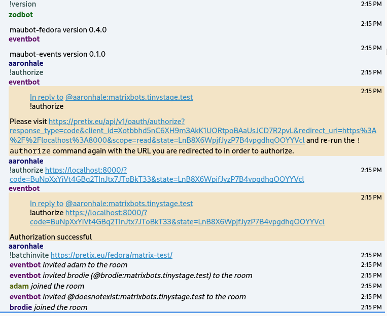 A screenshot of a matrix conversation showing the usage of the authorization and batch invite commands