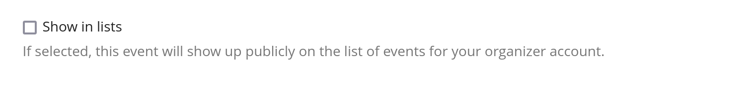 The "list publicly" checkbox on the main settings page of pretix that reads "Show in lists"