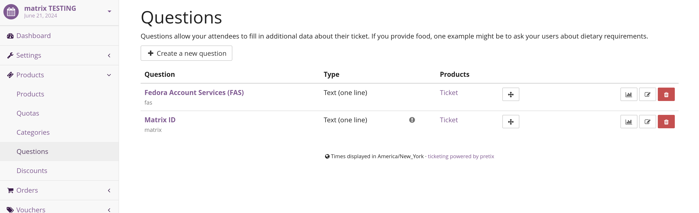 the questions menu in pretix showing a configured matrix ID question