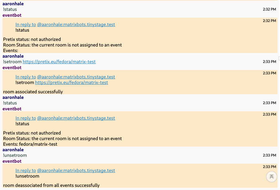 A screenshot of a matrix conversation showing the usage of the association and status commands