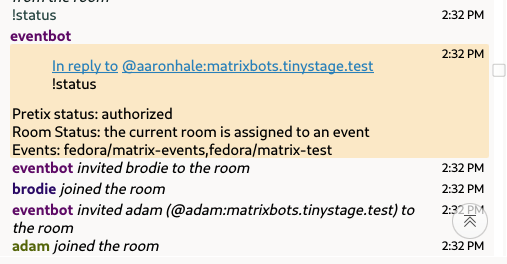 A screenshot of a matrix conversation showing a matrix room configured with an event association and automatically inviting some newly-registered users