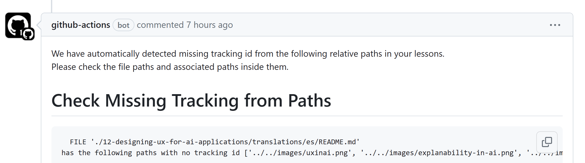 GitHub check paths missing tracking comment screenshot