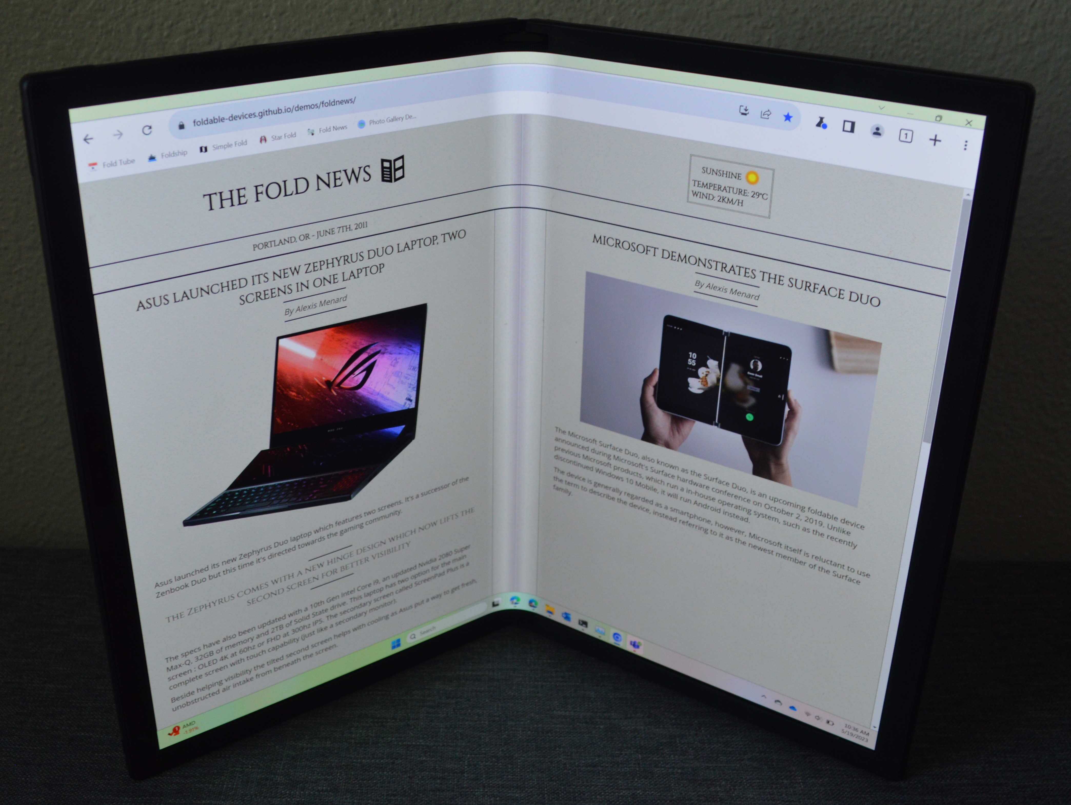 picture of a Asus Zenbook Fold running the fold news demo