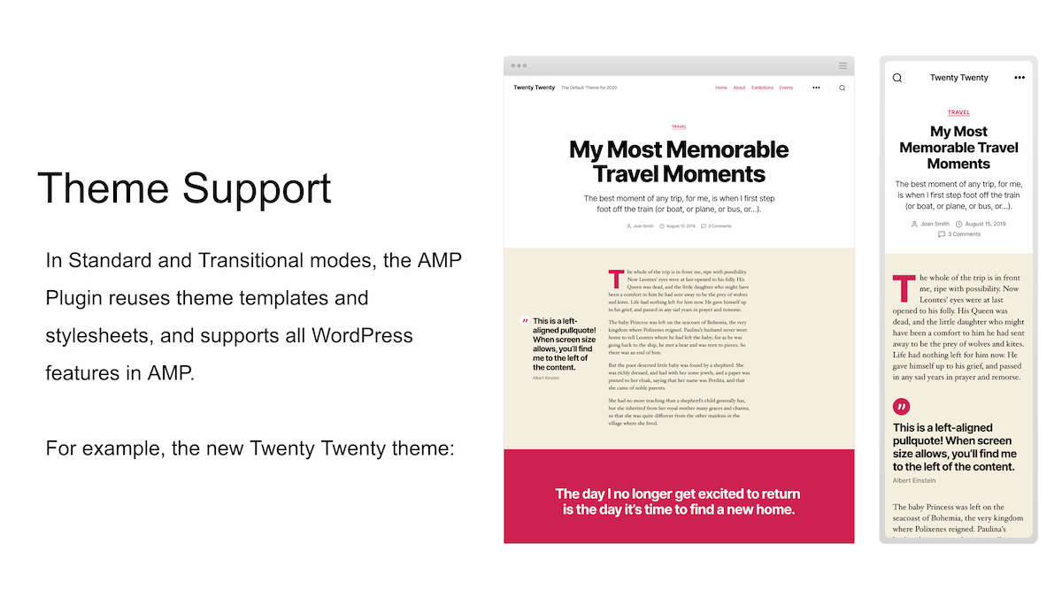 In the website experience, theme support enables you to reuse the active theme's templates and stylesheets; all WordPress features (menus, widgets, comments) are available in AMP.