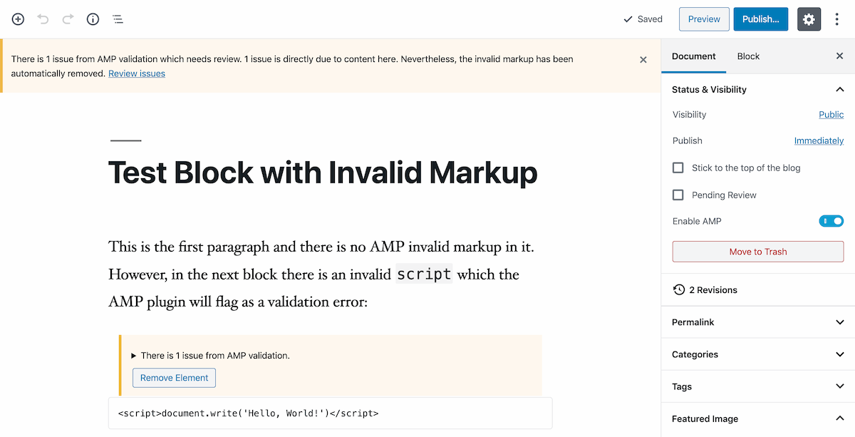 The editor will surface validation issues during content authoring. The specific blocks with validation errors are indicated.