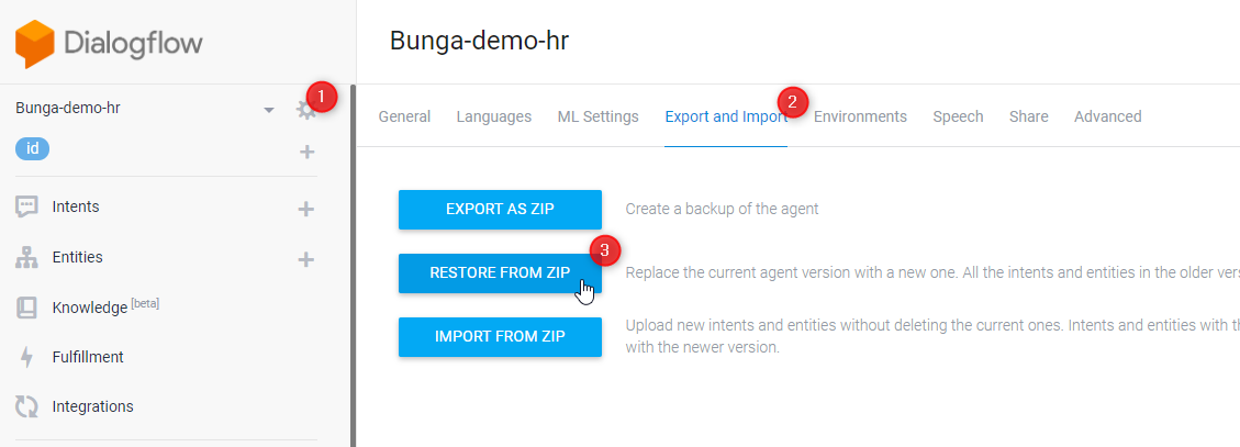 Dialogflow Restore Agent