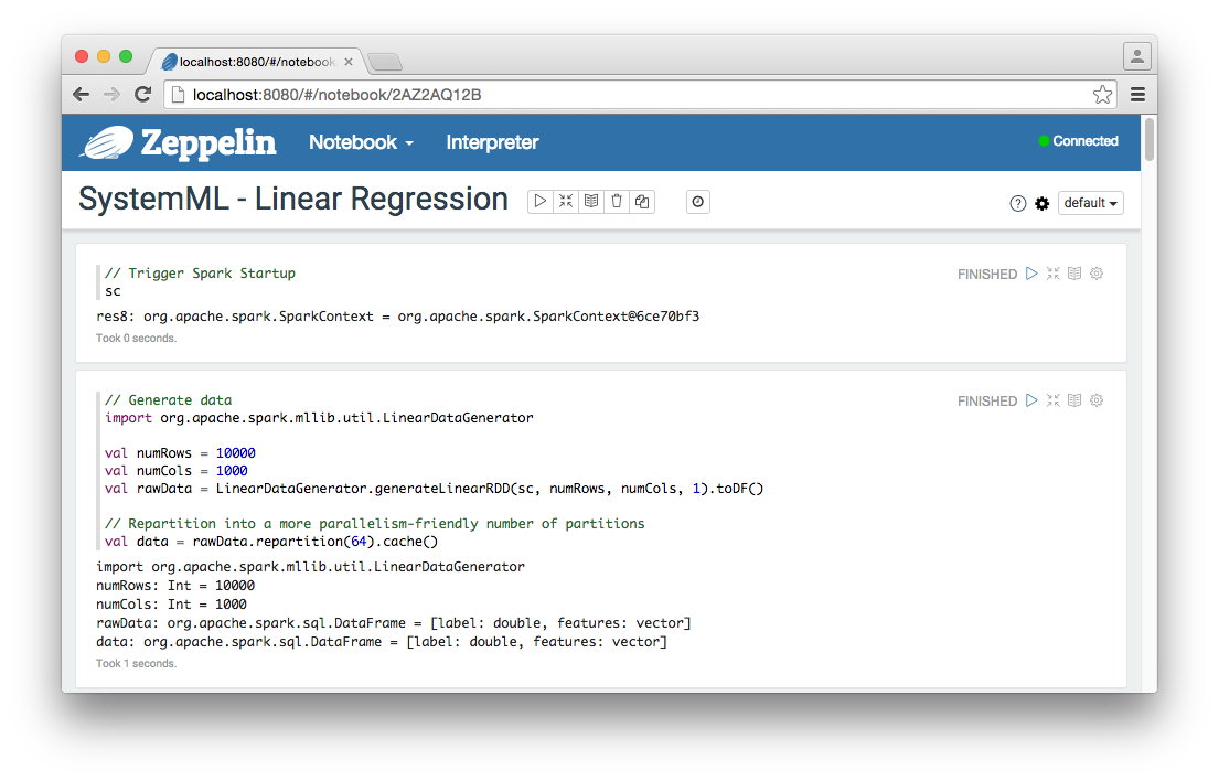 Zeppelin 'SystemML - Linear Regression' Note