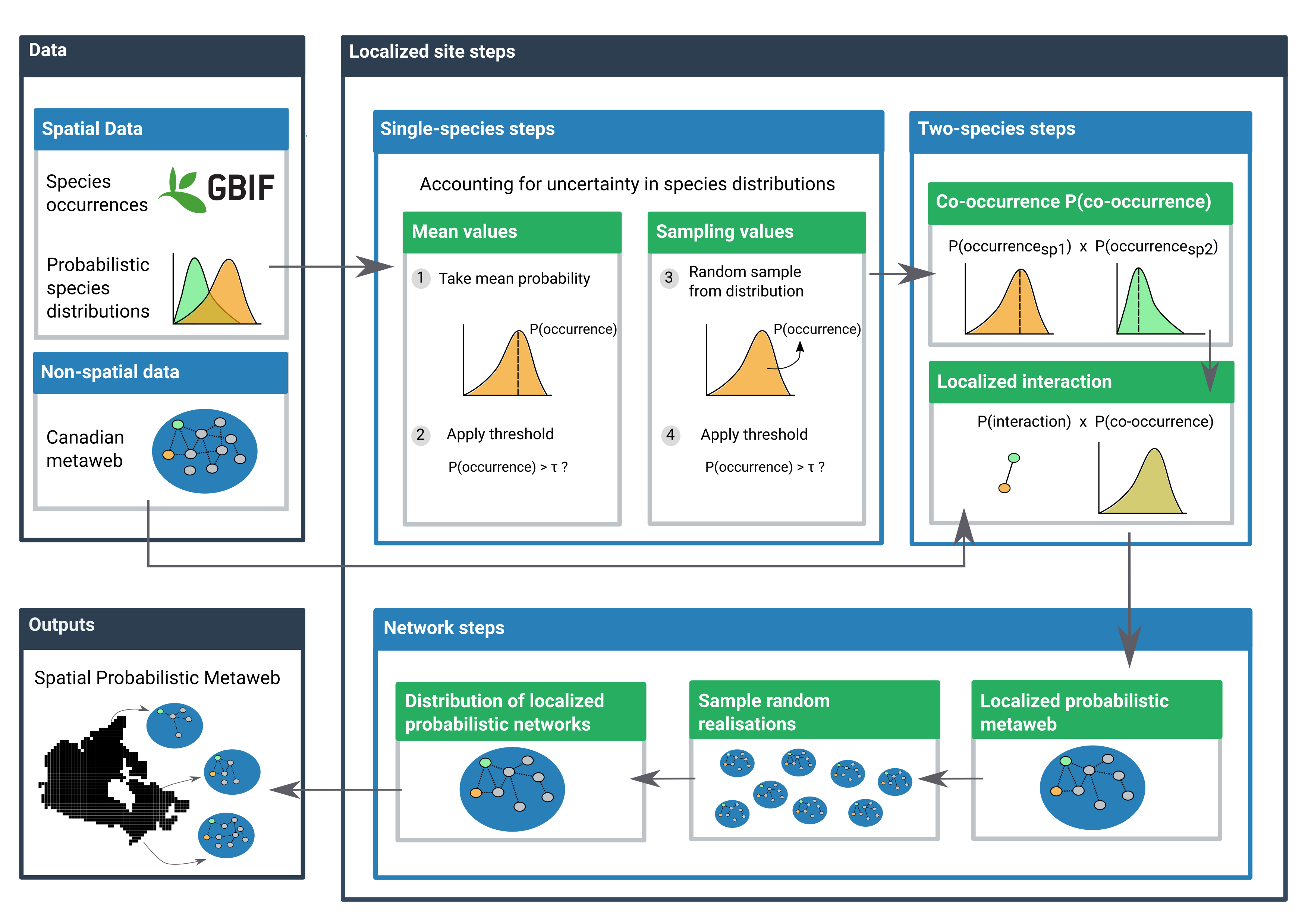 Conceptual figure of the proposed workflow used to downscale the probabilistic metaweb in space. The workflow has three components: the data, the localized steps, and the final spatial output. The data are composed of spatial data (with information in every cell) and non-spatial data (constant for all of Canada). The localized steps use these data and are performed separately in every cell, first at a single-species level (using distribution data), then for every species pair (adding interaction data from the metaweb), and finally at the network level by combining the results of all species pairs. The final output of the network-level steps contains a downscaled probabilistic metaweb for every cell across the study extent. Note that in order to mitigate some of the fine-scale grain in the data, we present most outputs at the ecoregion scale, with pixel-scale maps in supplementary material.