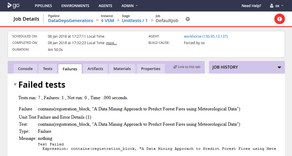 Screenshot of GoCD web-interface showing failing tests